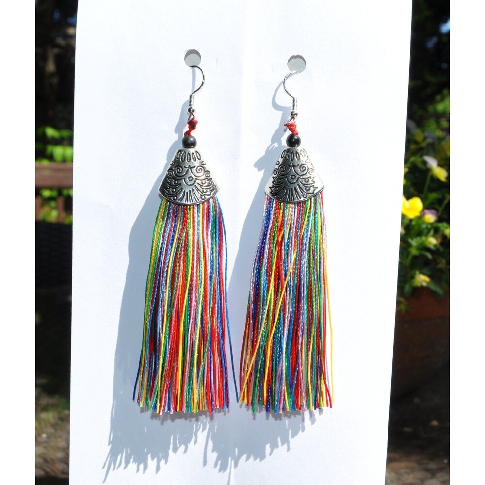 Silver Hook Rainbow Boho Gypsy earrings with tassel fringe